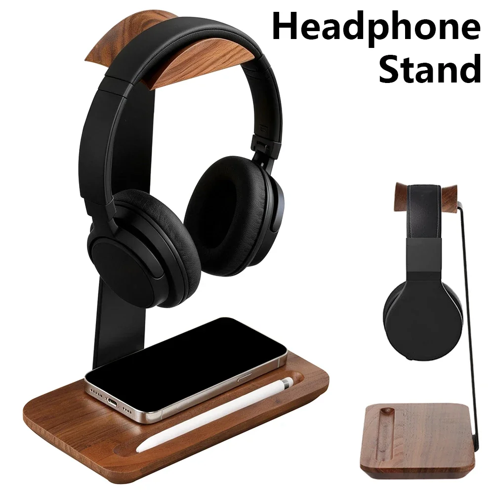 Headset Stand - Universal Wood Headphone Stand with Storage